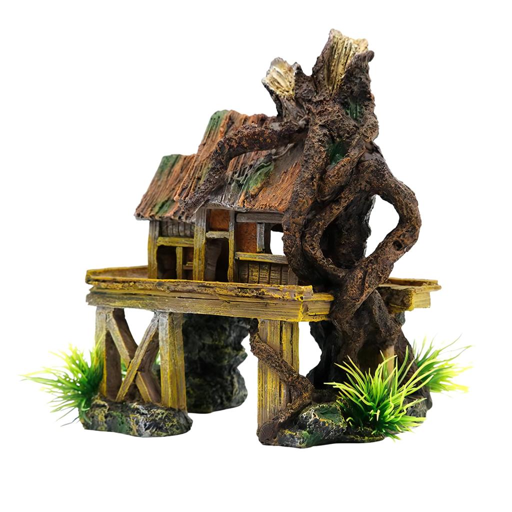 Charmoon Aquarium Fish Tank Object Treehouse House Tree Hideout Shelter Stylish Model Figurine Ornament (Wood)