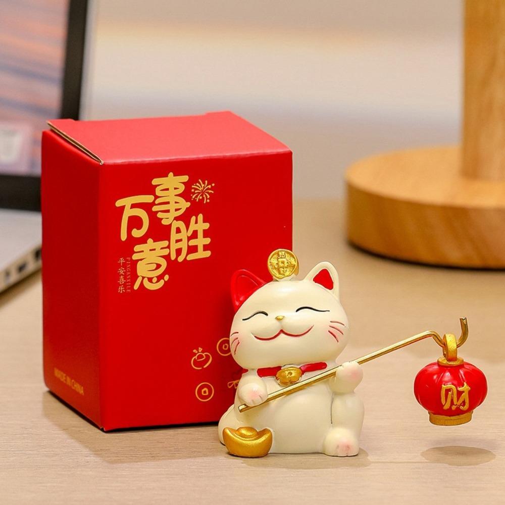 Resin Maneki Neko Miniature Figure Chinese Style Fortune Cat Car Interior Ornament  Spring Festival