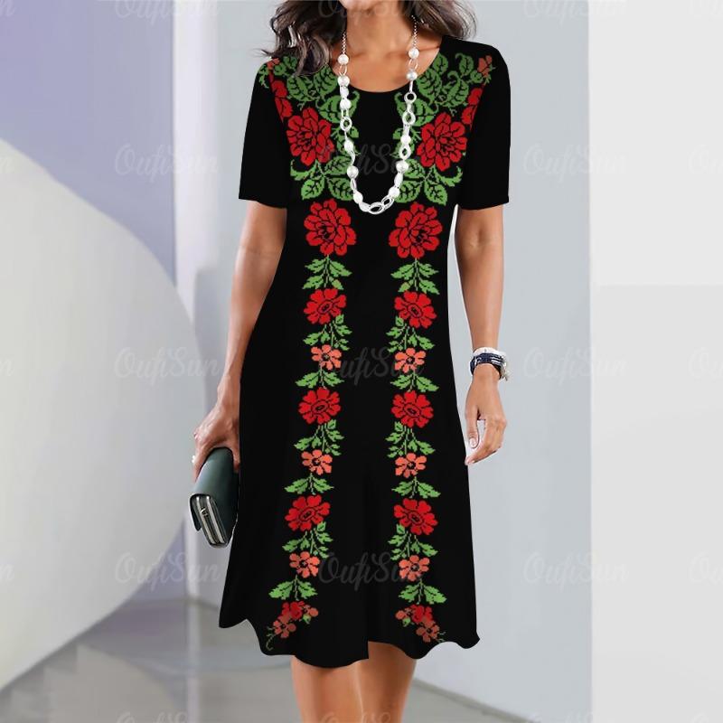 Neue Vintage Damenkleider mit Blumen-Patchwork-Print, elegantes, lässiges Kurzarmkleid Y2k, lockeres, übergroßes Modekleid 2023