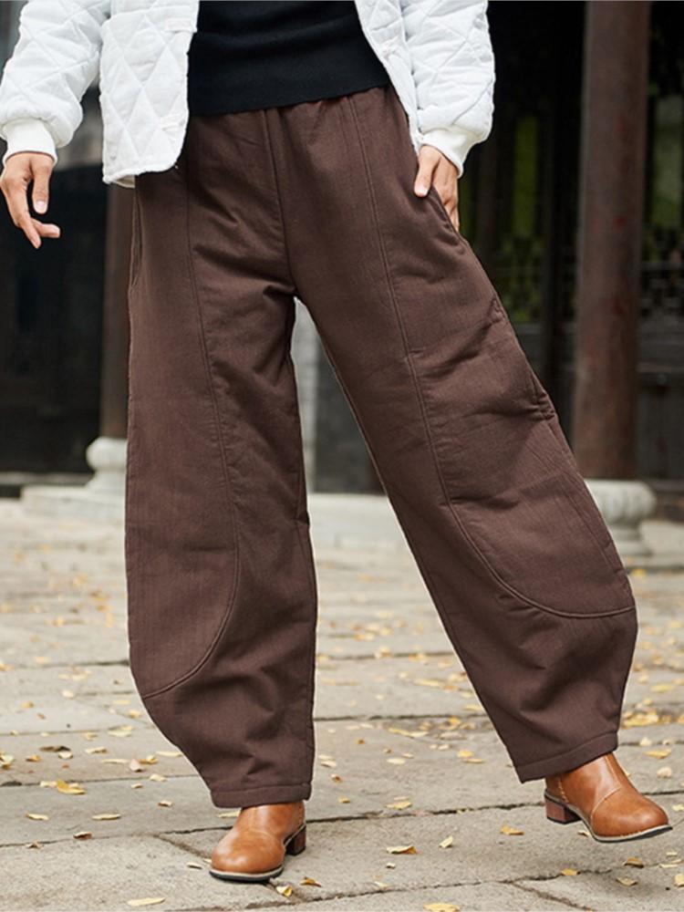 Johnature Winter Vintage Loose Cotton Linen Elastic Mid Waist Pants Solid Color Thicken Warm Women Pants