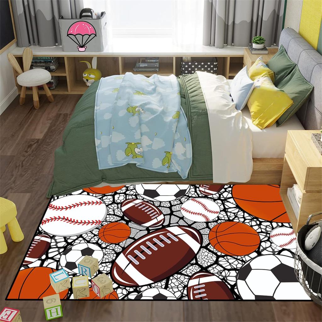 Sportteppich mit Rissmuster für Kinderzimmer, Design mit Fußball-, Basketball-, Football- und Tennisball, rutschfester Spielzimmerteppich