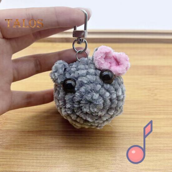 Sad Hamster Plush Keychain Sound Handmade Crochet Doll Keyring with Bow Emotional Charm Hanging Ornament Wallet Backpack Car Keys Accessory