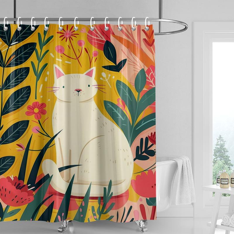 Abstract Art Cat Theme Shower Curtain 180x 200cm Waterproof Mildew-proof Bathroom Curtain Bathroom Ins Wind Decorative Curtain