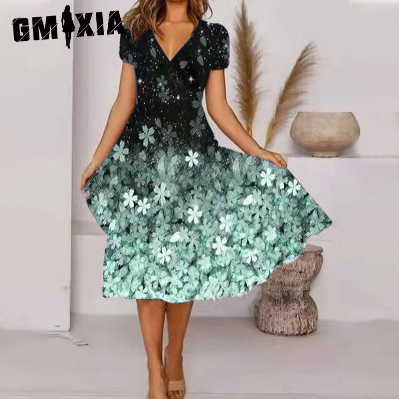 GMXIA Plus Size V Neck Midi Dress Short Sleeve High Hem Casual Colorful Floral Print Dress
