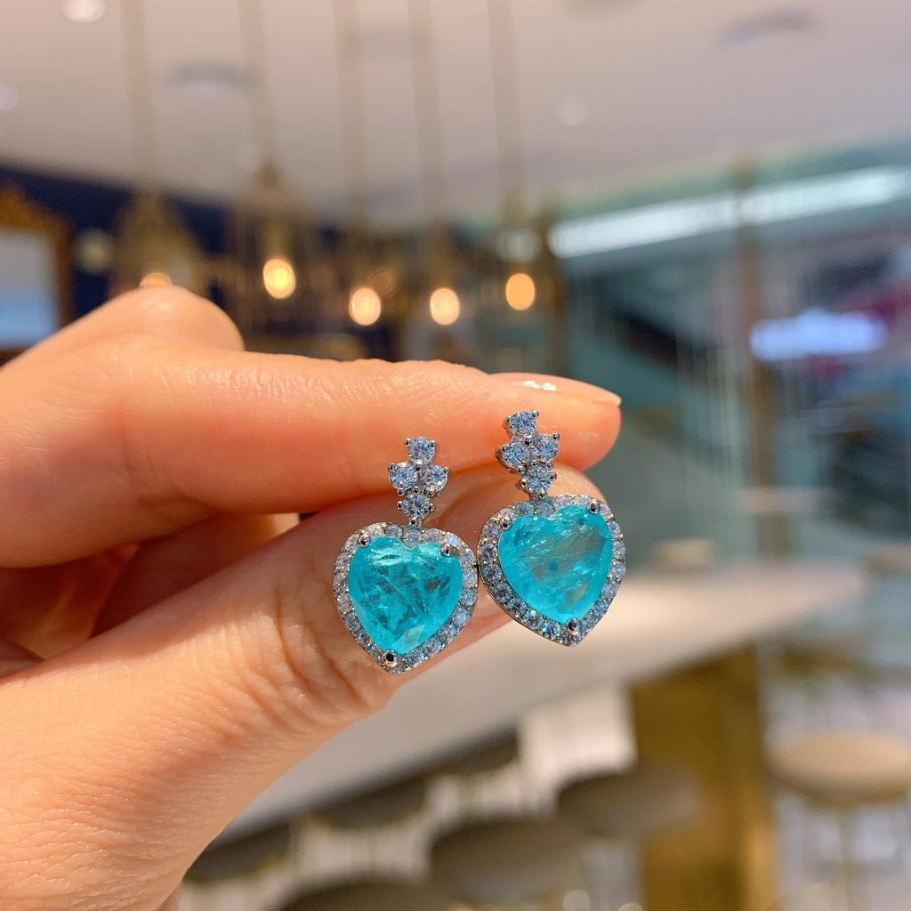 Color Treasure Simulation Blue Paraiba Heart Jewelry Set Stud Earrings Main Stone 8 * 12 Pendant Necklace 10 * 14