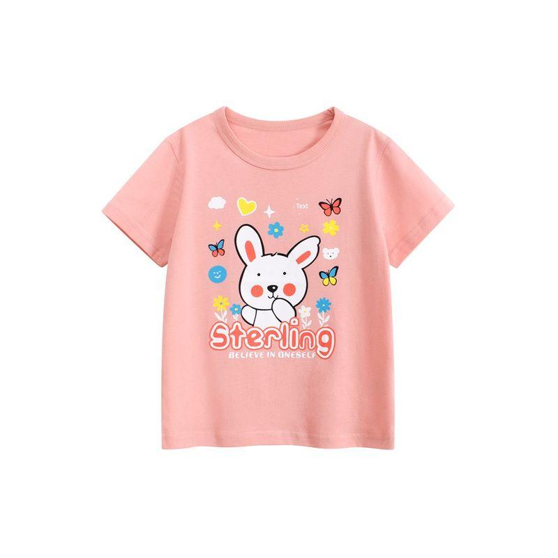 27Home Korean Brand Children's Clothing Summer Style Girls' Pure Cotton Short-Sleeved T-Shirt Cartoon Rabbit Print Kidsren's Clothing