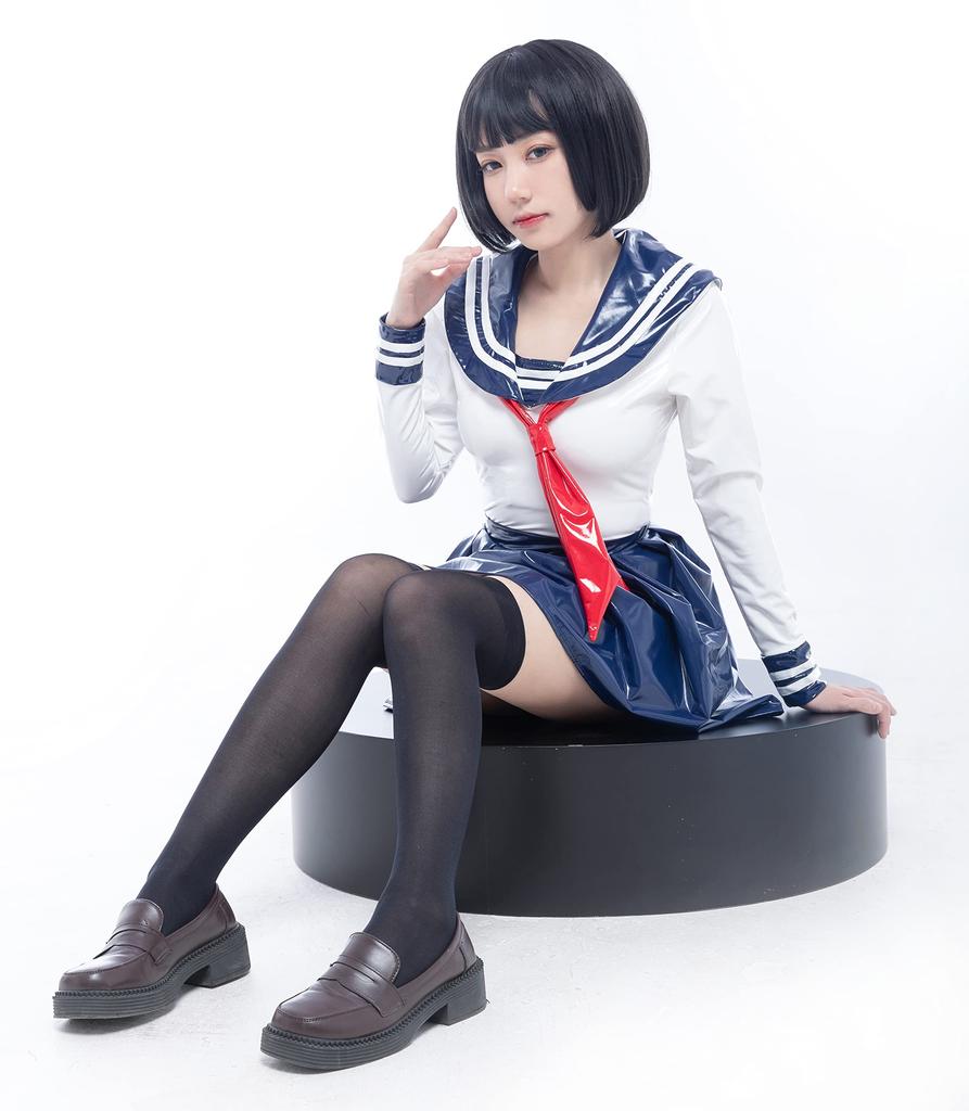 [LOST-G] Mundurek szkolny dla dziewcząt, strój marynarski z długim rękawem, cosplay, dla pań, biały, z granatowym kołnierzykiem w podwójne paski, uroczy, PU laser (L, BIAŁY&GRANATOWY)