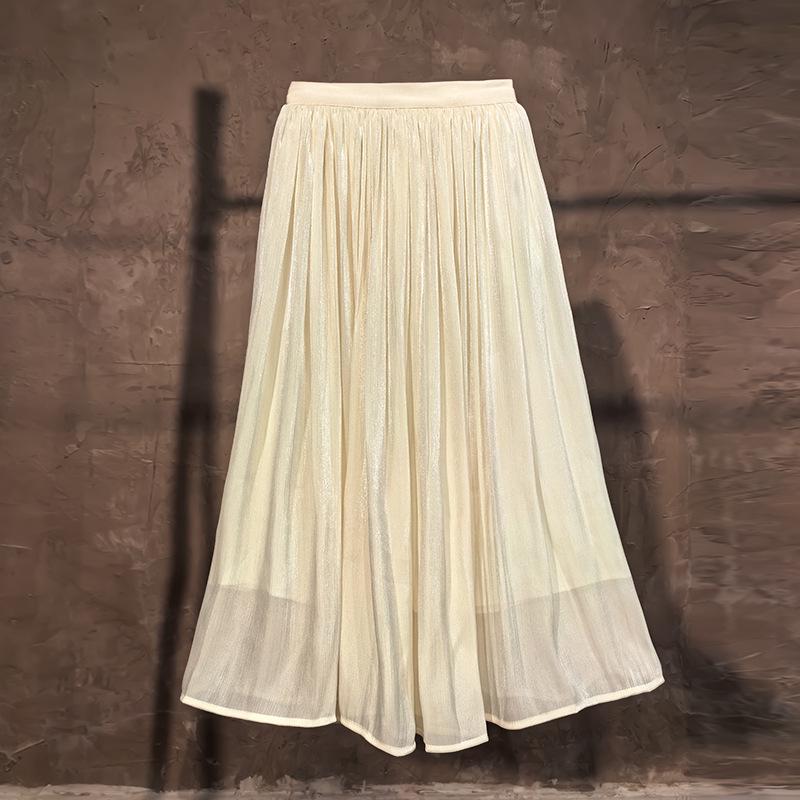 Champagne High Waist Seamless A-Line Gauze Skirt for Women - Versatile Mid-Length for Spring, Summer, and Autumn.