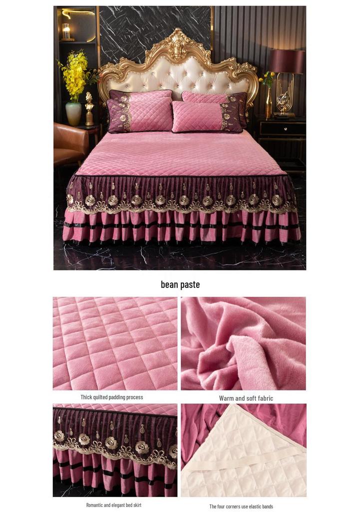 European Crystal Velvet Quilted Bed Skirt - Autumn/Winter Thick Lace Bedspread, Non-slip Flannel, 1.5m/1.8m Bedding Set