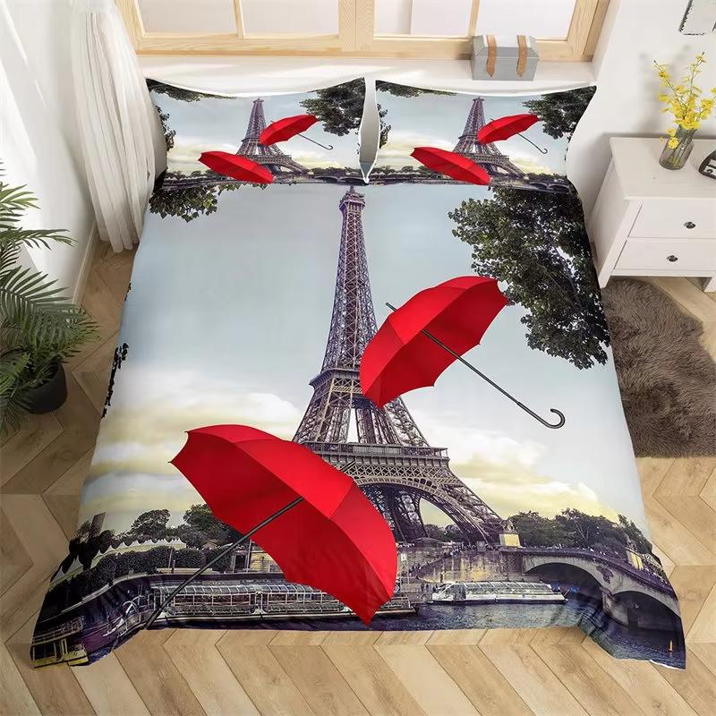 Eiffel Tower Duvet Cover Chic Paris Bedding Set Microfiber Modern French Style Romantic Theme Comforter Cover With Pillowcase