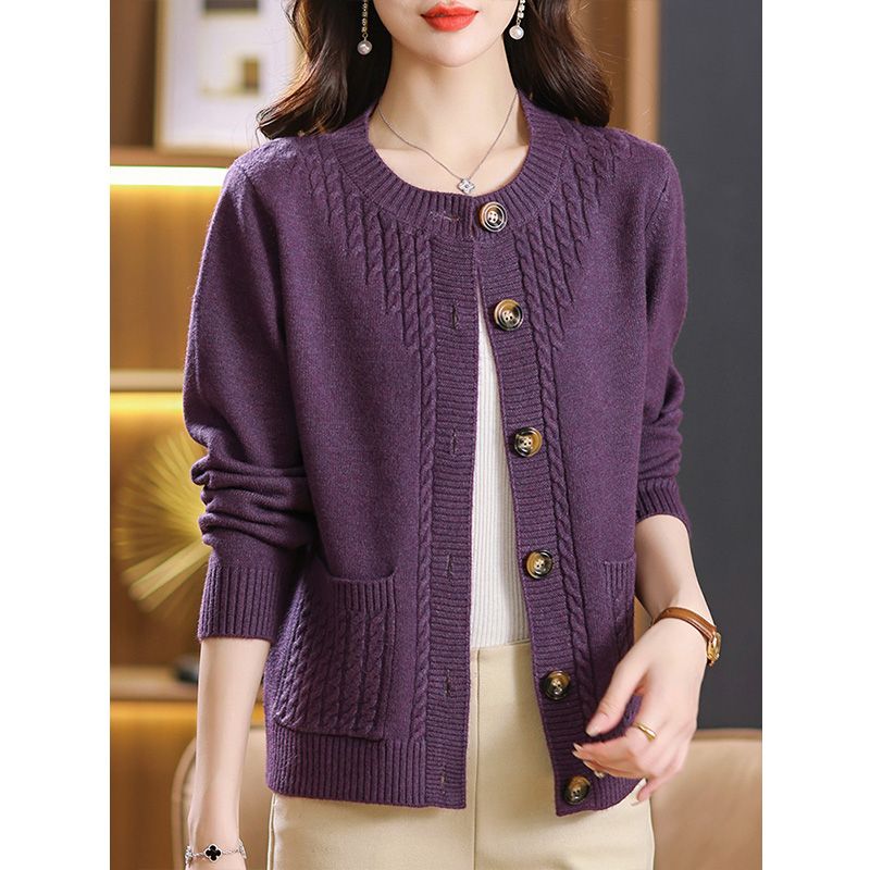 

Женский весенне-осенний кардиган с круглым вырезом и кабельной вязкой, однотонный, универсальный, короткий свитер-куртка M