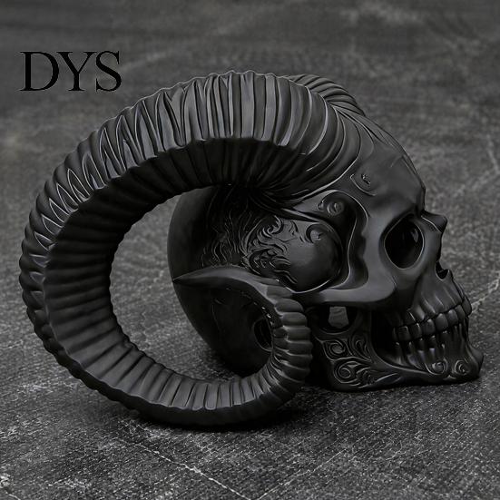 Modern Gothic Atmosphere Pieces 3D Printed Goat Horn Skull Ornament, Ram Horned Devil Trendy Bookshelf Statues Skull, Halloween Dark Desktop