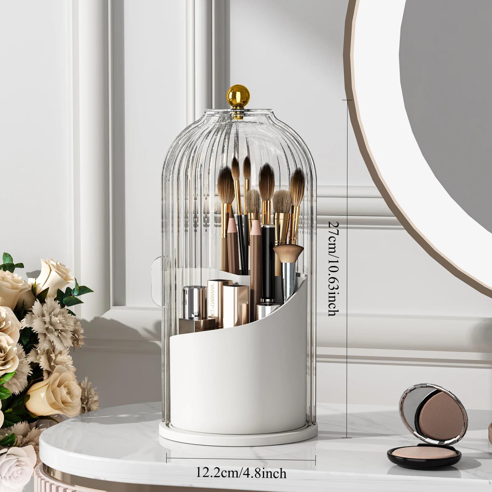 YOOLENS Makeup Brush Holder Organizer with Lid,360 Rotating Clear Dustproof Makeup Brushes Organizer for Vanity Desktop Bathroom