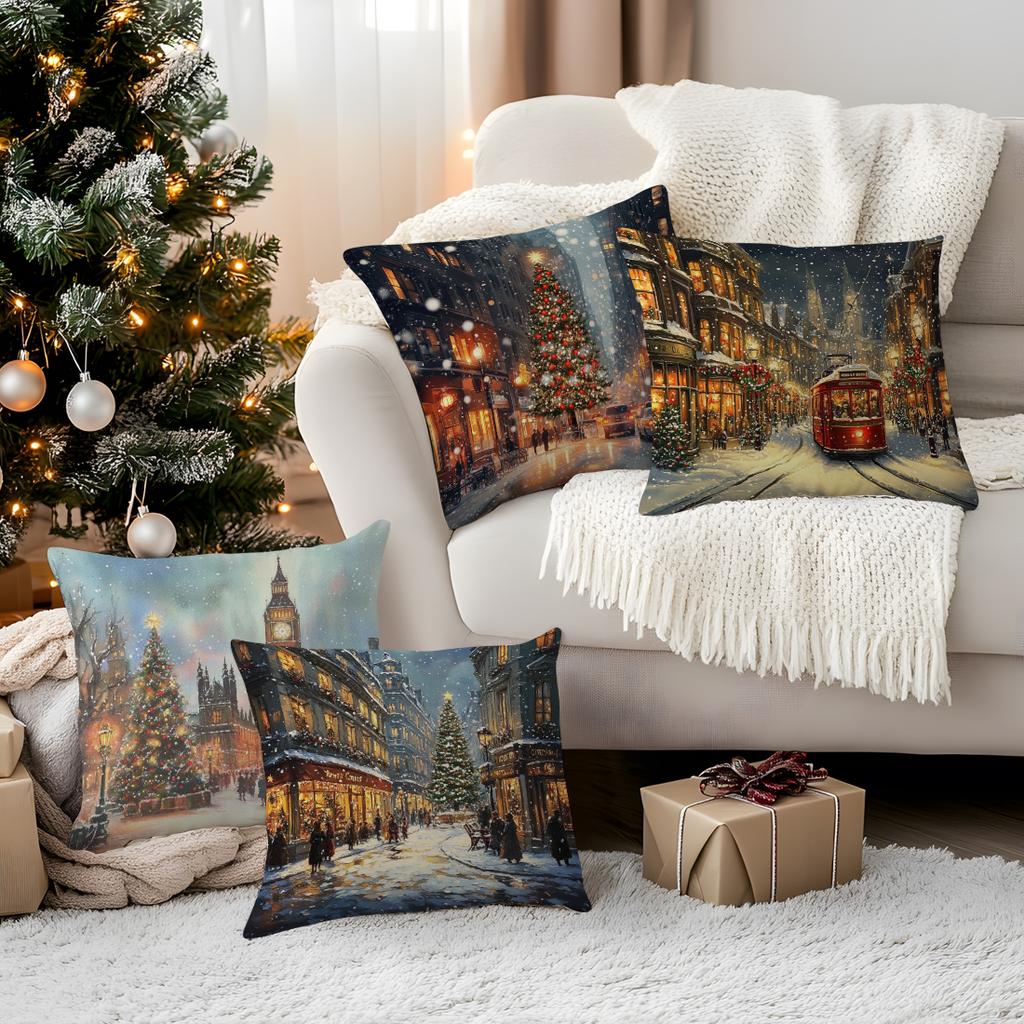 Christmas Street Cushions Pillowcase Polyester Cushion Cover Throw Pillow Pillowcover Home Car Sofa Decor