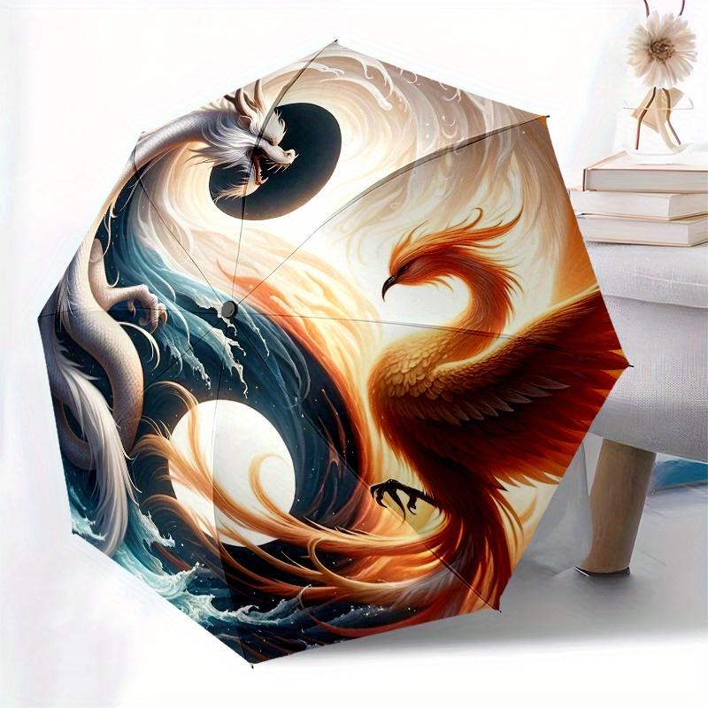 Yin Yang Dragon Phoenix Circular Art Print Wall DecorUmbrella, Portable 3-Fold Compact Umbrella for Men & Women Gift