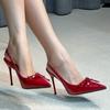 Wedding shoes high heels women's spring 2025 new bag head pointed head thin heel bow French temperament single shoes red