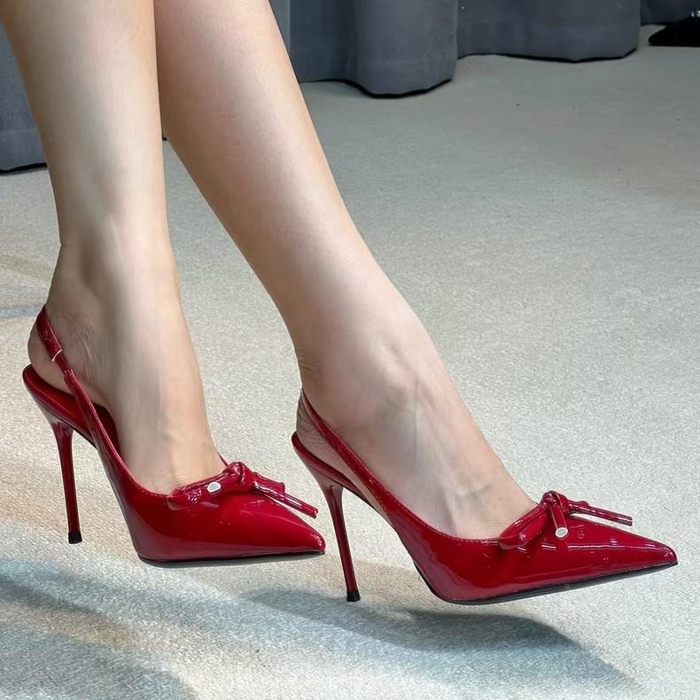 Wedding shoes high heels women's spring 2025 new bag head pointed head thin heel bow French temperament single shoes red