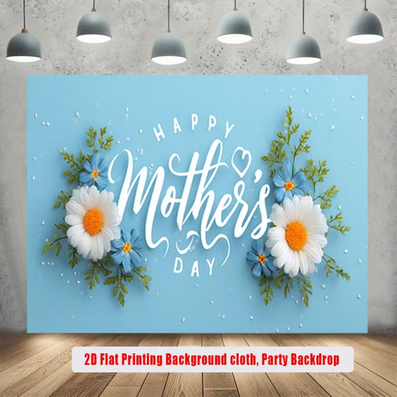 2D Flat Printing Happy Mother s Day with White and Blue Daisies Backdrop 47.2x31.5inch/120*80cm