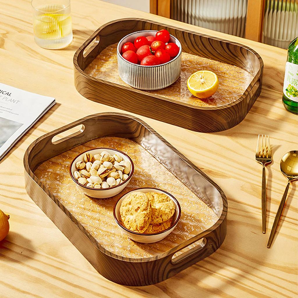 Tavă de servire din plastic, imitație de lemn, tavă de depozitare, farfurie pentru deserturi cu fructe, retro, begonia, organizator de flori, tavă pentru ceai