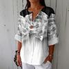 Women's Fashionable Casual V-neck Button Seven Quarter Sleeve Printed Cotton And Linen Top
