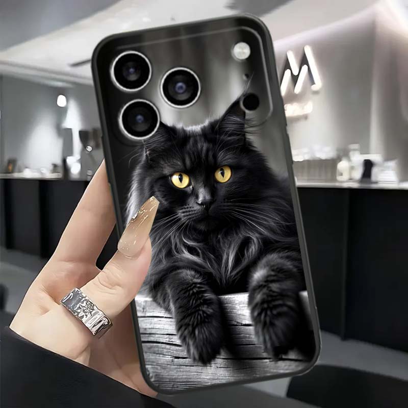Anime cartoon cat illustration For Apple iPhone 17 16 16E 15 14 13 12 11 Pro Max Plus Black Soft Silicone Phone Case