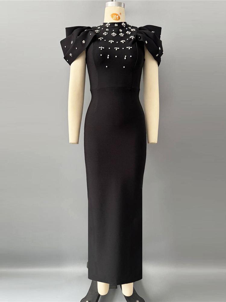 European-American Elegant Bandage Dress with Pleated Design and Rhinestone Accents