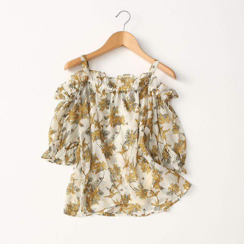 

Big Sale for Ruffles Thin Print Chiffon Shirt off-the-Shoulder Strap off-Neck Fashion Floral Blouse Small yellow flower L