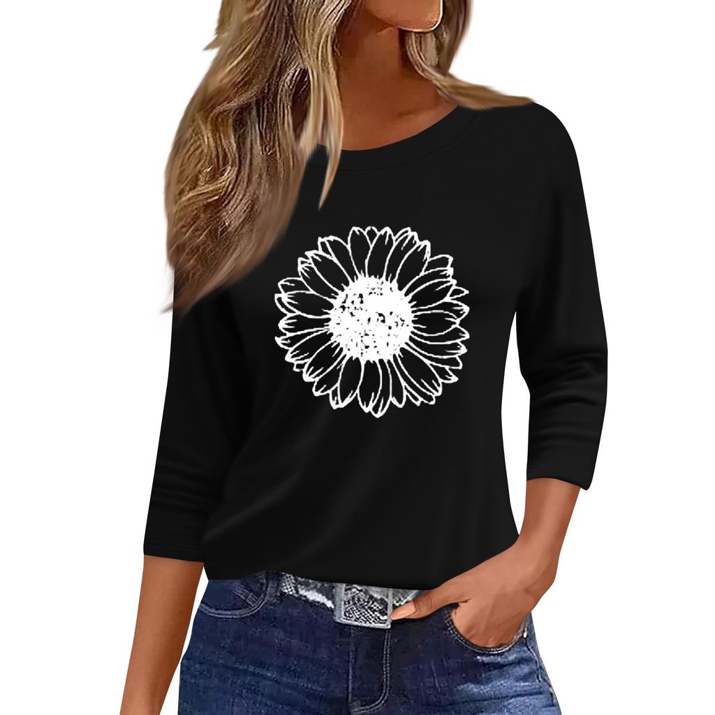 Women's Fashion Casual Round Neck 3/4 Sleeve Loose  Printed T-Shirt Ladies Top