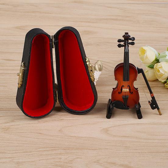 Wooden Mini Violin Model with Stand Playable Tiny Violin Figurine Miniature Musical Instrument Ornament Home Office Desktop Decoration