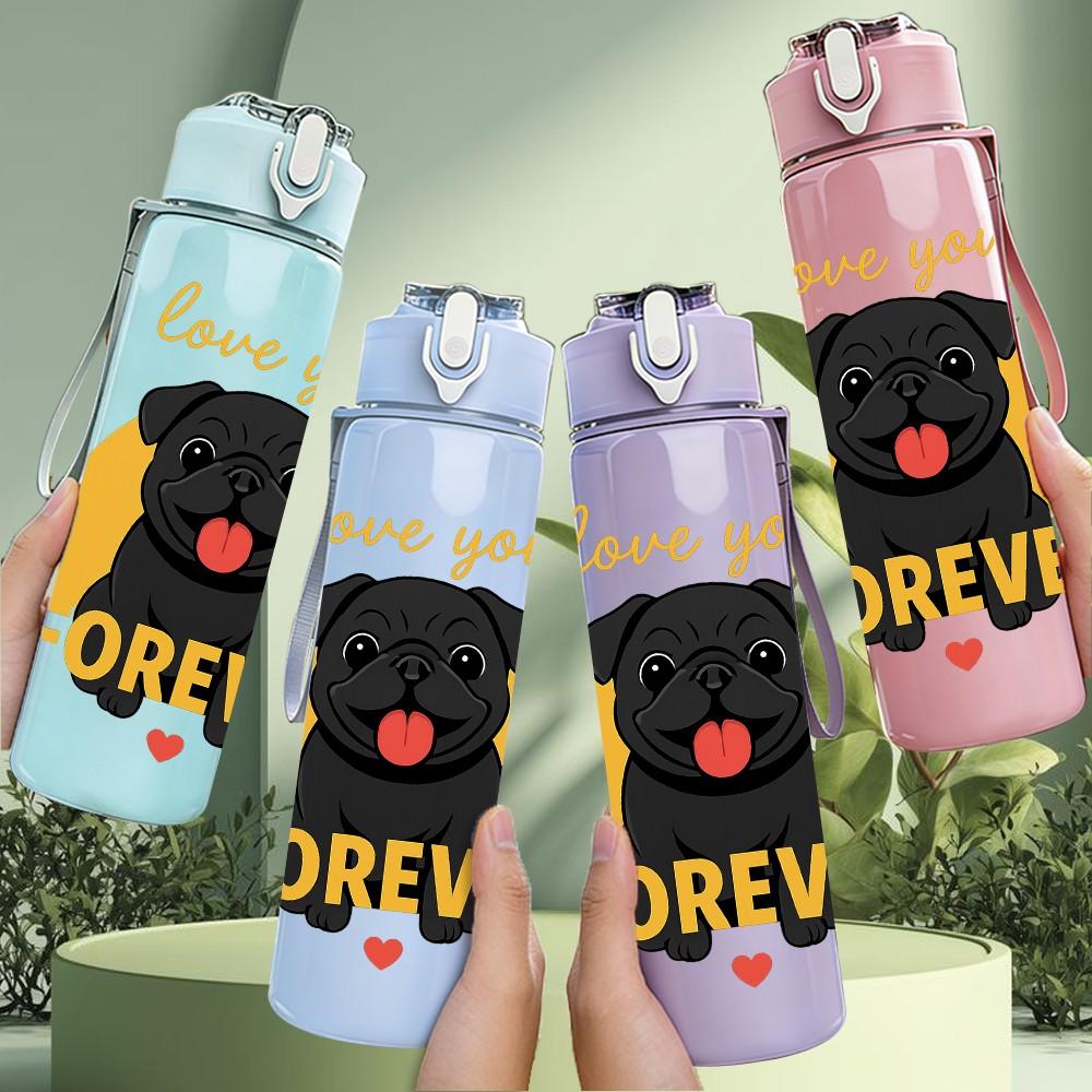 1PC Love You Forever Black Pug 750ml Color Plastic Sports Water Bottle Leakproof Flip Straw Lid Suitable for Sports Office Home Use