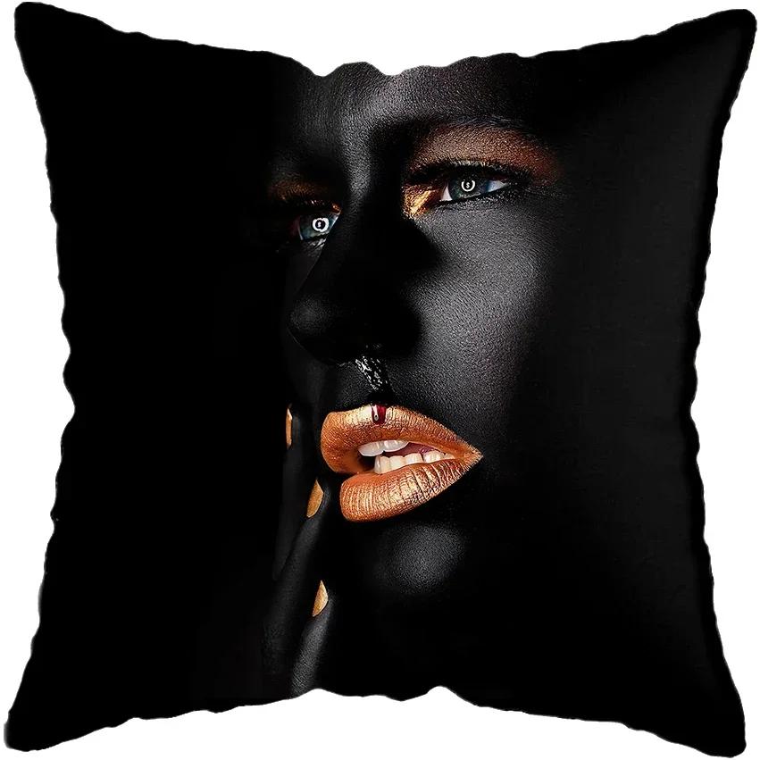 Modern Living Room Black Gold African Lady Woman Style Look Art Deco Sofa Pillowcase Cushion Cover