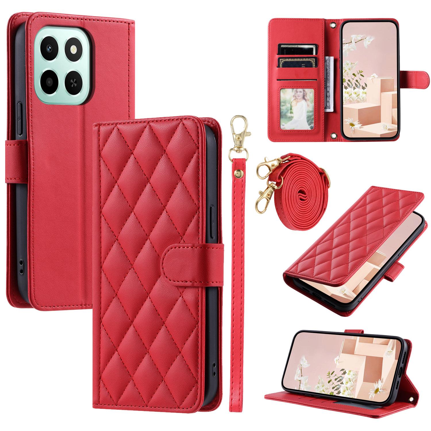 

PU Leather Case for Honor X6c 4G/X6b 4G/X6a 4G Wallet Rhombus Grid Phone Cover with Shoulder Strap/Wrist Strap