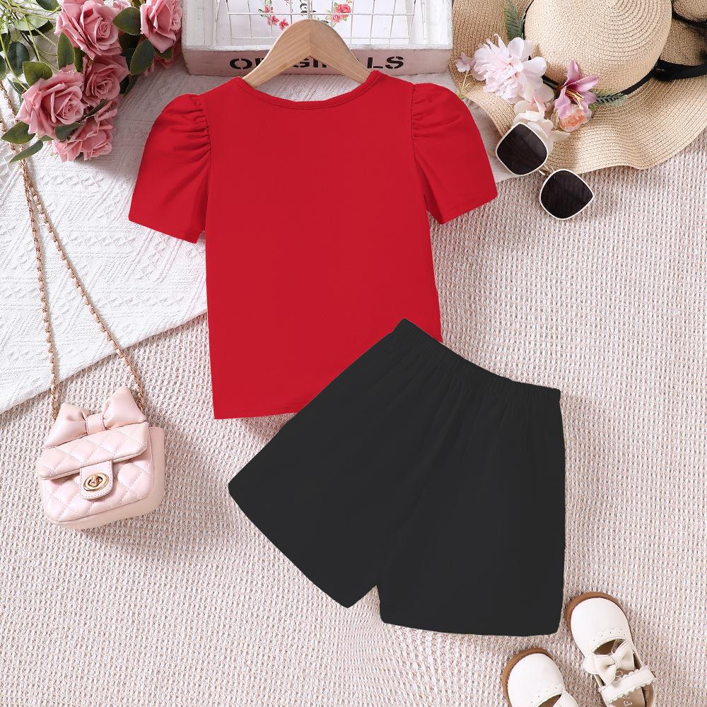 8-12Y Children's Casual Suit Girls Spring and Summer Girl Trousers Set New Bubble T-shirt + Shorts Set 2pcs