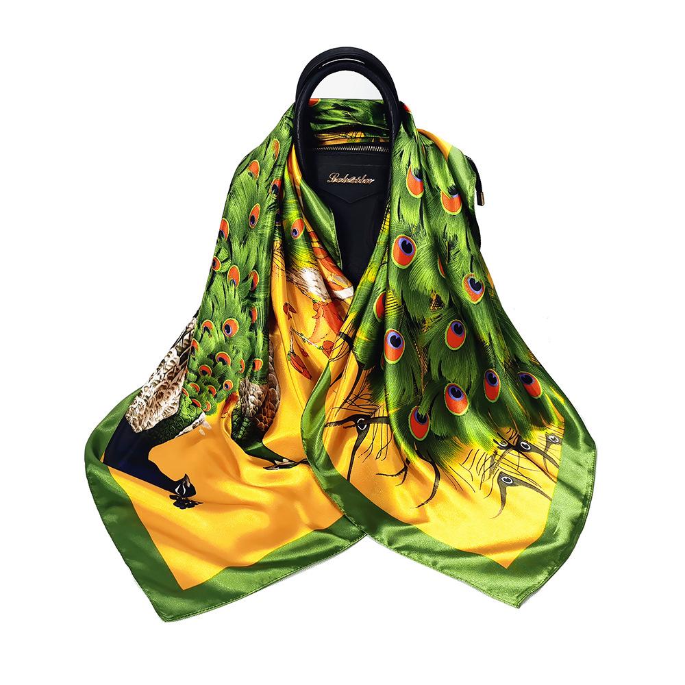 90cm Spring Summer Imitation Silk Square Peacock Headscarf Wrap Scarf Women's Shawl Bandana Female Head Hijab