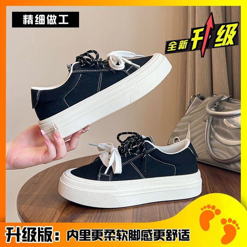 2025 New Black Canvas Shoes for Women's Autumn Korean Version of Students Platform Shoes Versatile Casual Campus Wind Shoes for Women