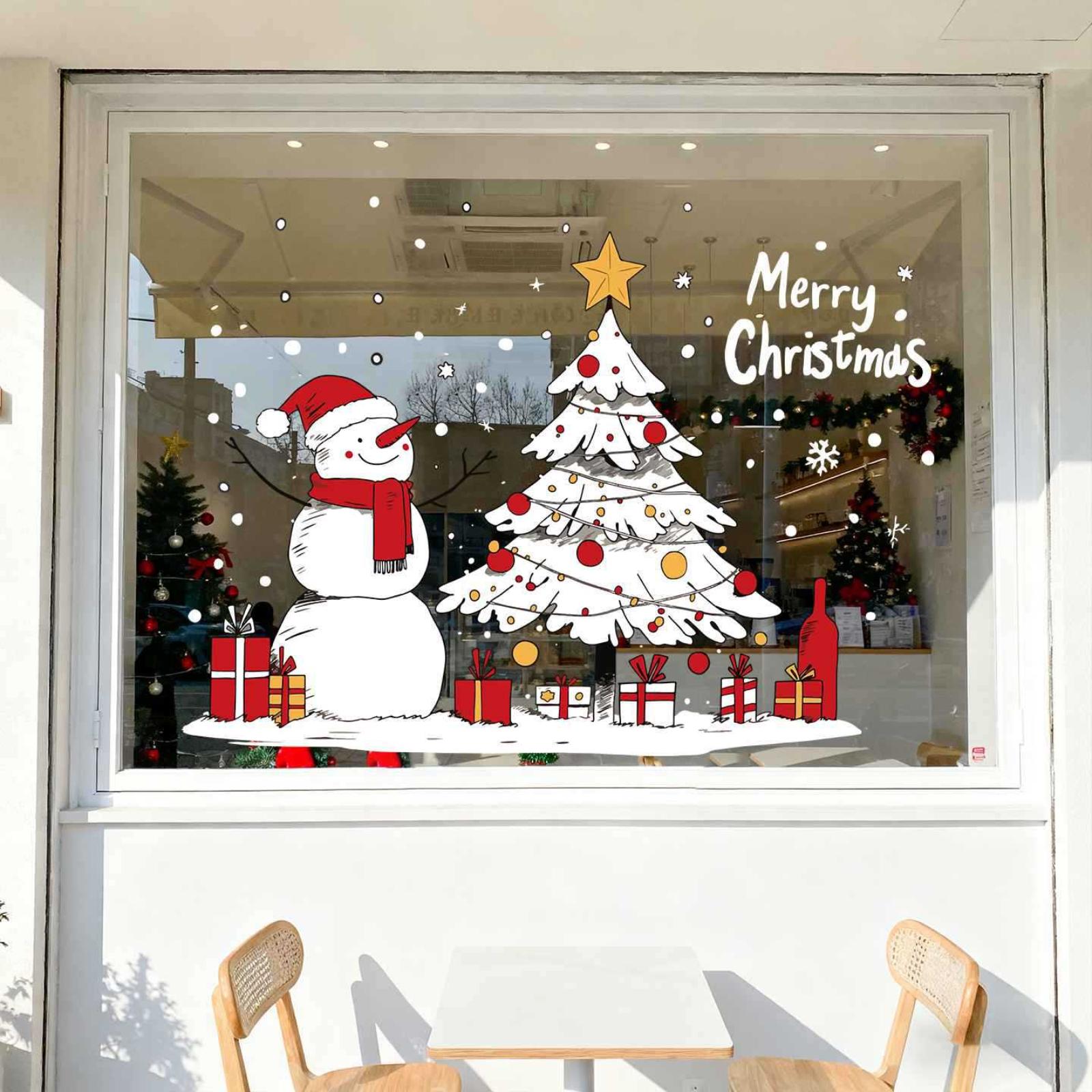 

Christmas Decoration Scene, Christmas Snowman, Store Window Display, Window Sticker, Static Sticker, Glass Door, Christmas Tree One Size