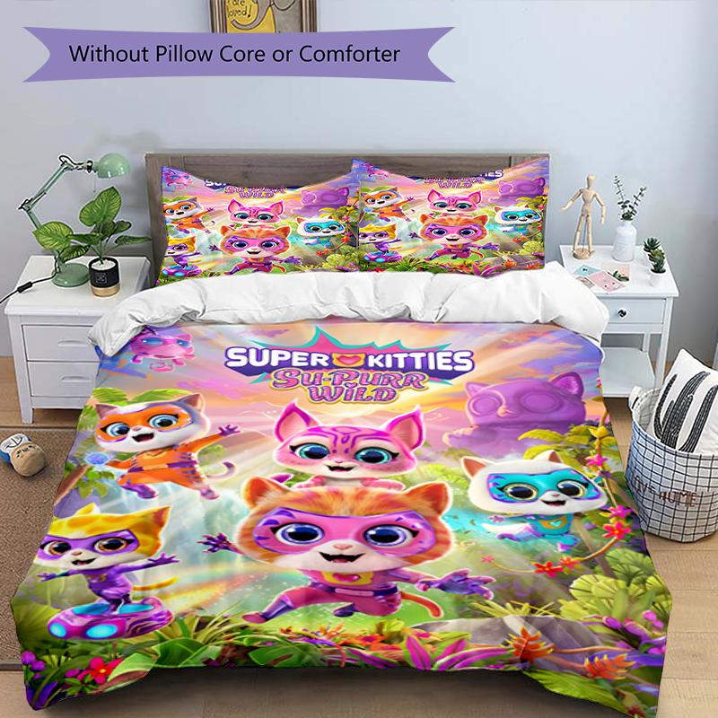 3pcs Super Kitties Adventures1 Design Cover Set - HD Printed Bedding with 1 Cover and 2 Pillowcases - Perfect for Home and Dorm Decor