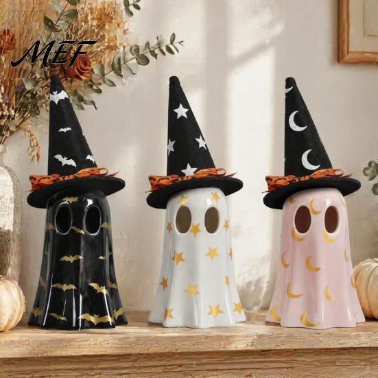 Halloween Home Table Decorations Light Up Ghost Decoration, Cute Spooky Witch Hat Figurine, Desk Decor Resin LED Lighted Statue for Mantel,