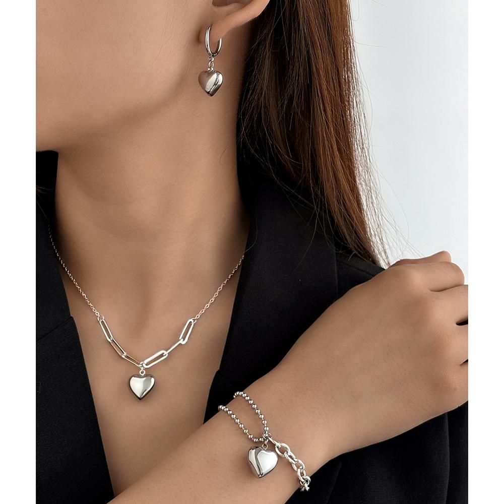 Stainless Steel Zircon Set Bracelet Necklace Earring Hanging Heart Design Atmosphere Light Luxury Zircon Set For Women Zircon