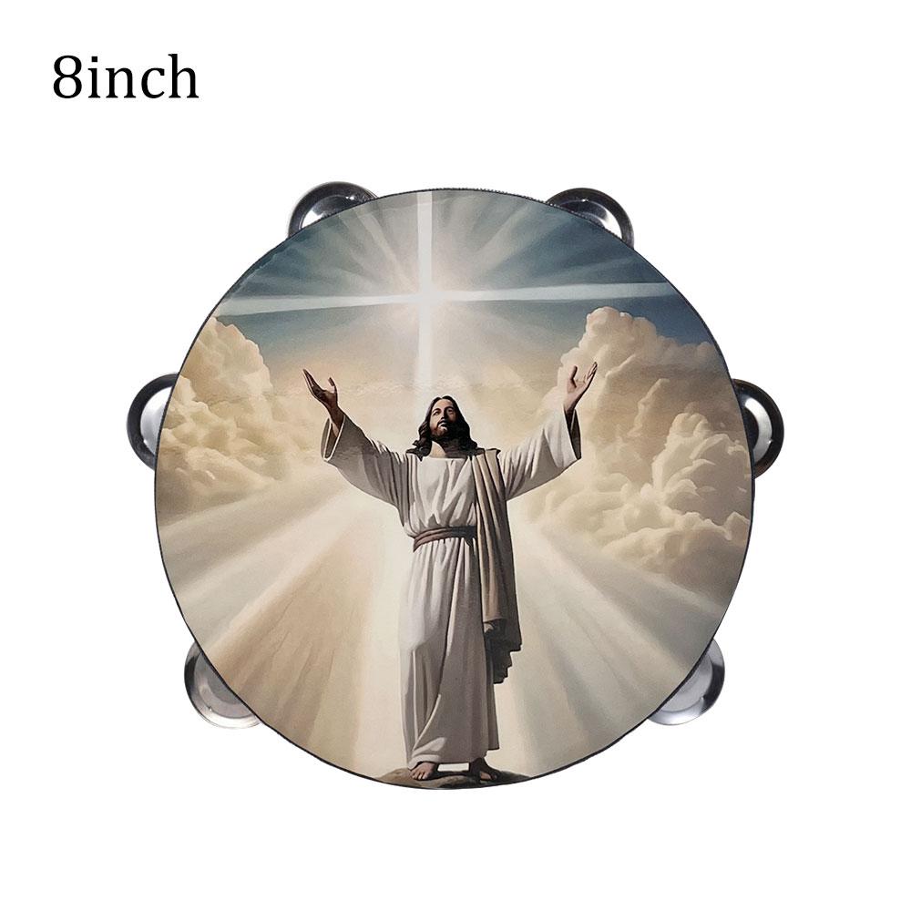 8/10-inch Jesus Tambourine Double Row Jingle Tambourine Handbell Clap Drum for Party Musical Instrument