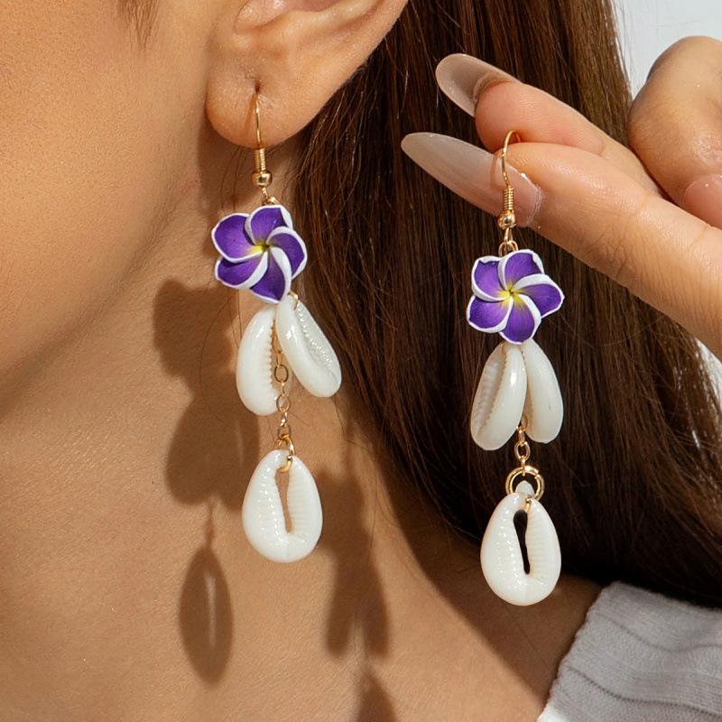 

Accessories, soft pottery frangipani flower earrings, bohemian vacation shell ear hook earrings