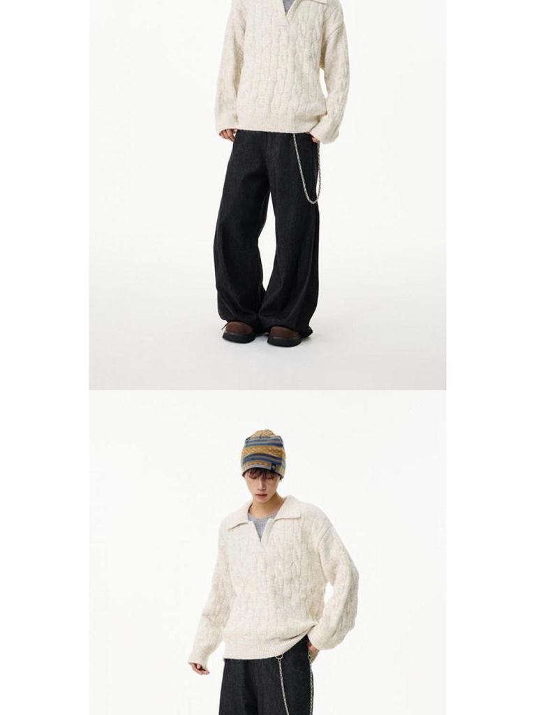 Unisex Faux Two-Piece V-Neck Knit Sweater - Loose, Lazy Style Wool Base Layer for Autumn/Winter.