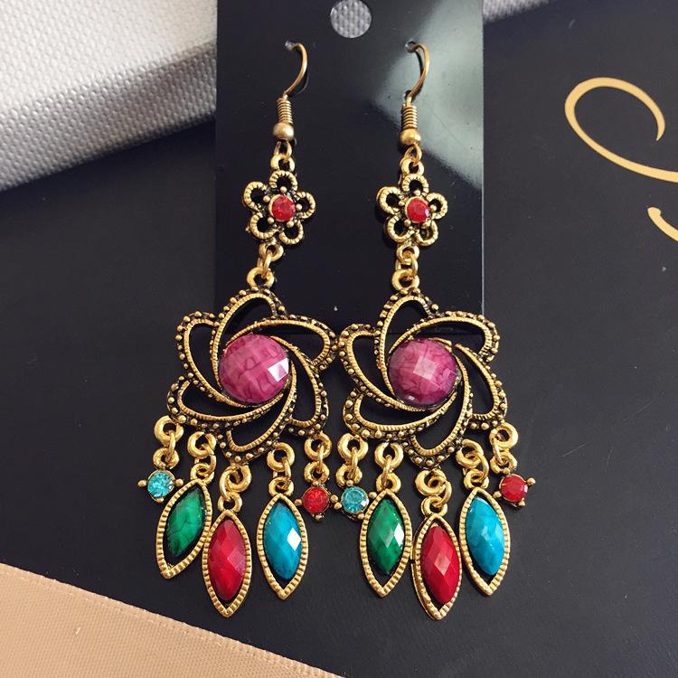 Vintage court gem set earrings long temperament bohemian earrings niche earrings women