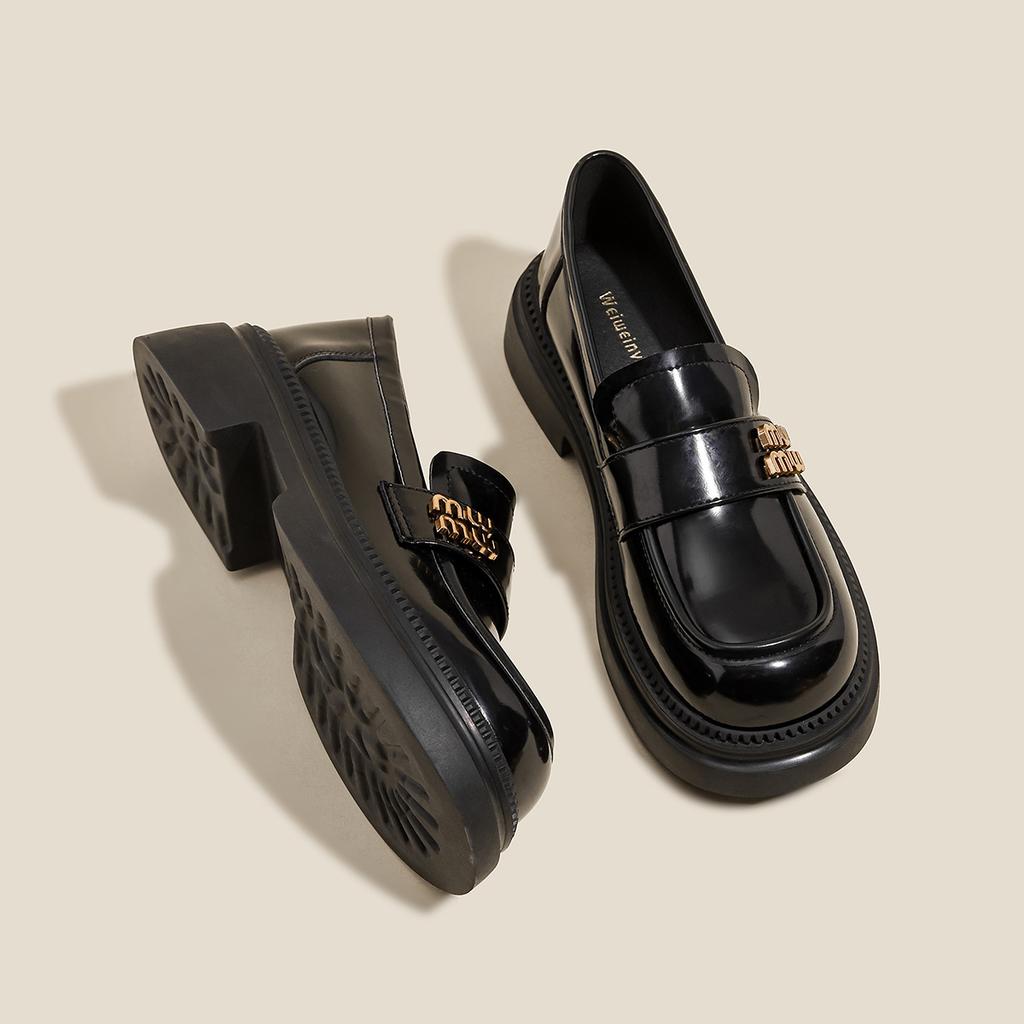 Platform Women's Retro One-pedal Small Leather Shoes Thick Heel Black Single Shoes