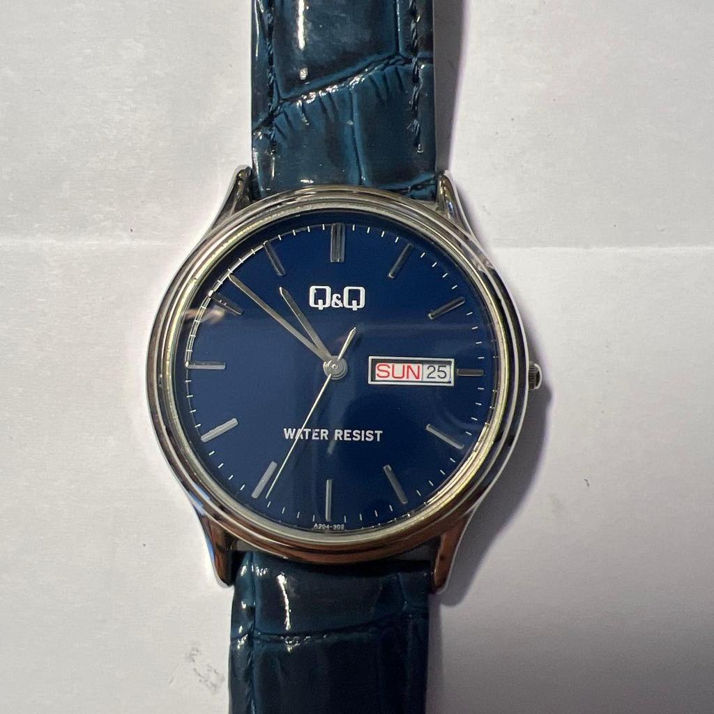 Used Q&Q Citizen Watch Quartz Day Date Blue Dial Leather Band