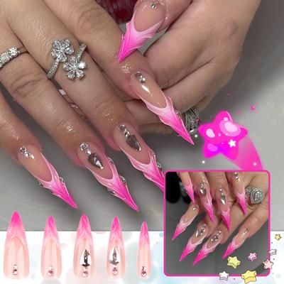 Women's Extra Long Pointed Nails French Rose Red Gradient Wear Nails(Glue 2ml)