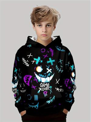 Boys' Fashionable 3D Printed Casual Pullover, Spring and Autumn Long Sleeved Sportswear, Boys' Outdoor Hoodie Top