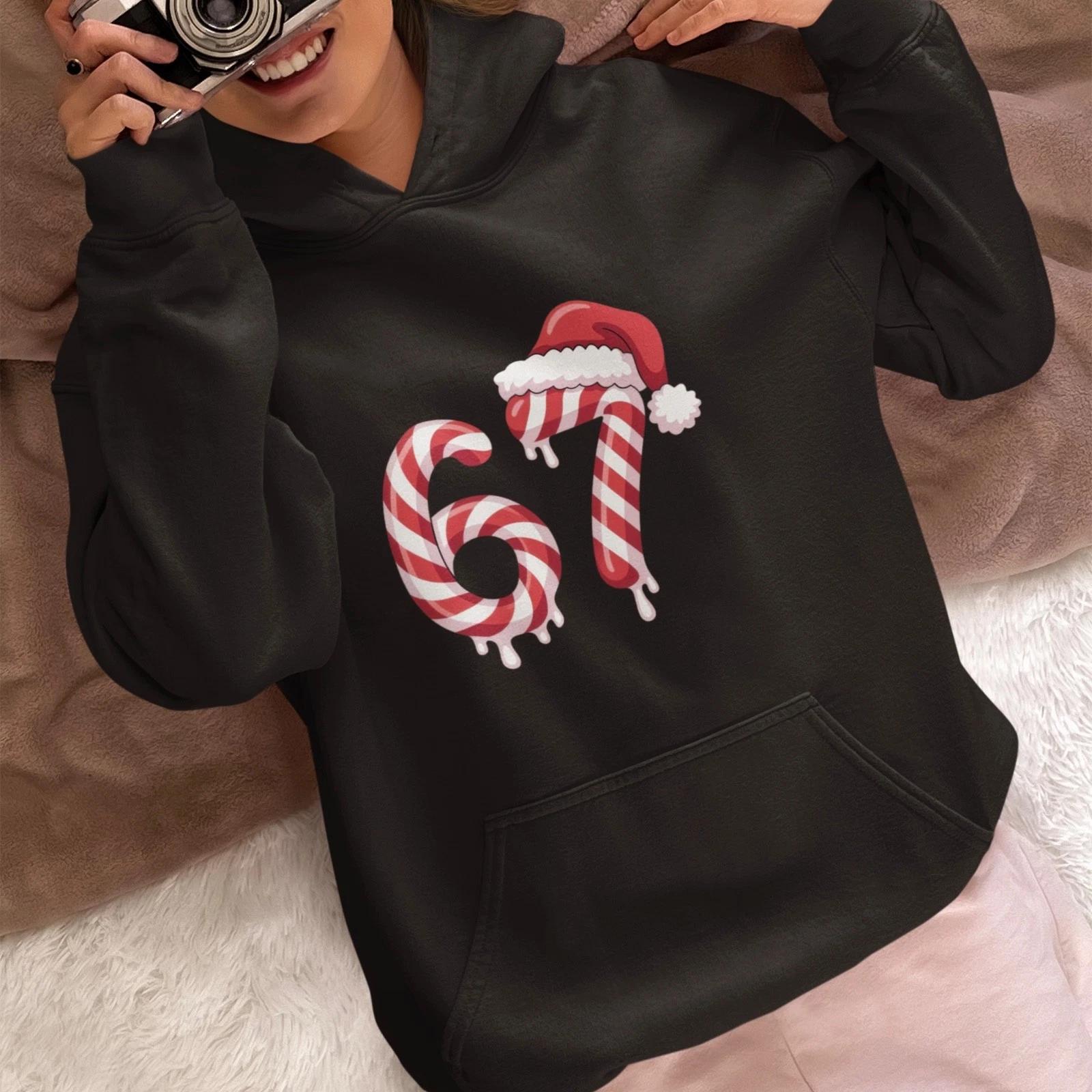 67 Meme Christmas Hoodie Candy Cane Number Graphic Sweater Unisex Holiday Gift S