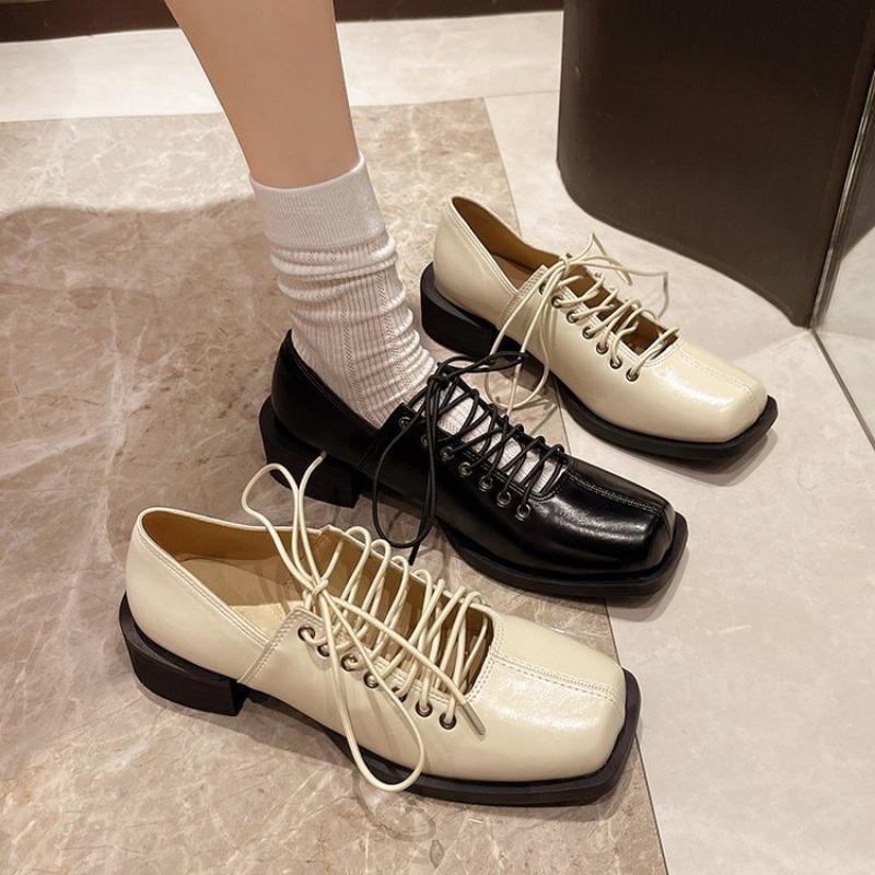 Women's Soft Leather High Heel Pumps Girls British Style Hollow Lace-up Uniform Shoes Shallow Mouth Female Sandals Plus Size 42
