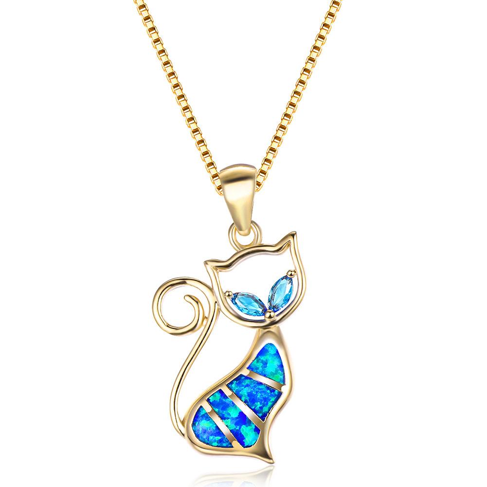 

New European and American Fashion Accessories Two Water Blue Diamond Blue Cat Pendant Necklace